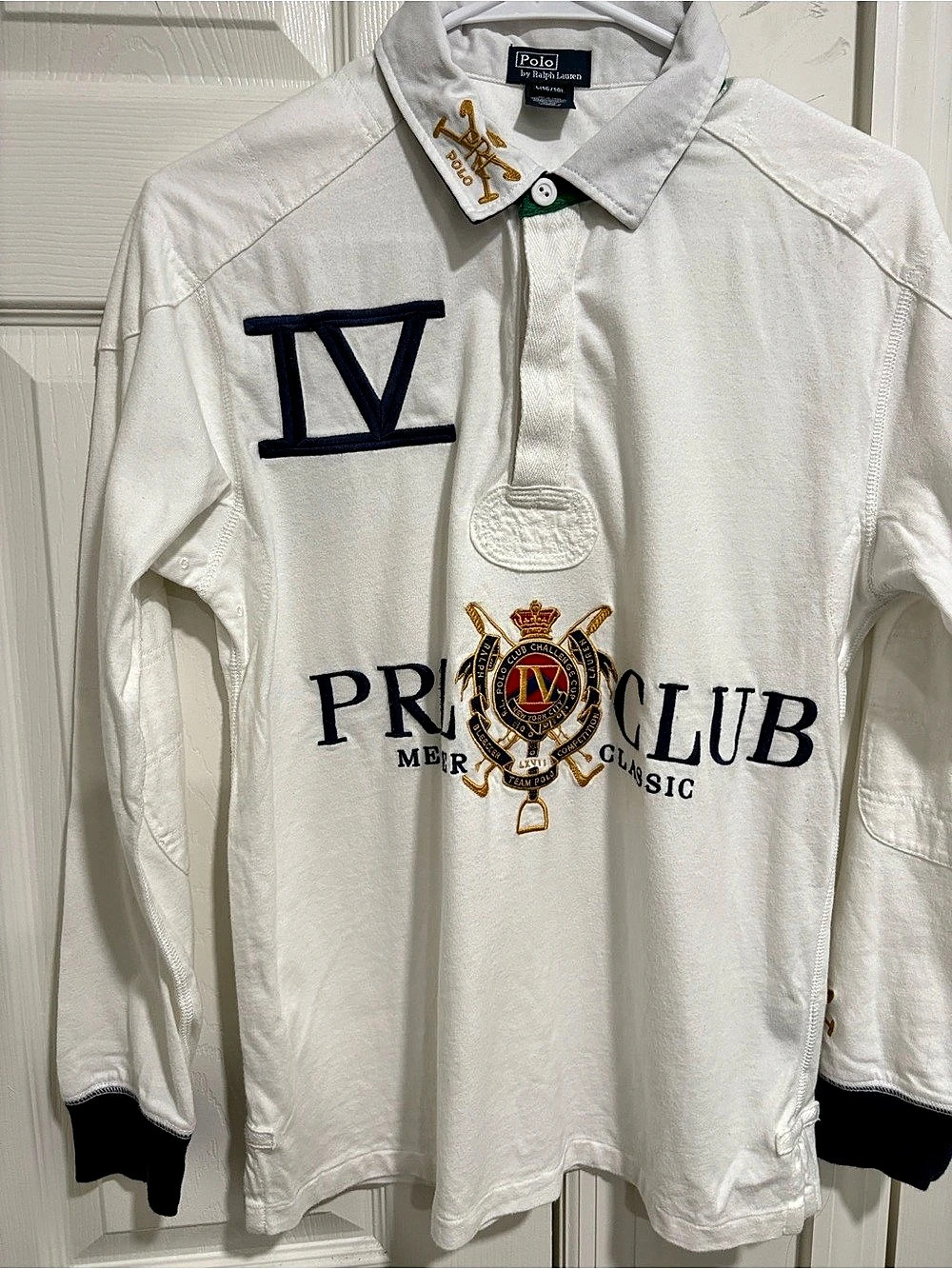 Polo Ralph Lauren Polo Club Challenge Cup Rugby Shirt White & Navy Large 16/18 b